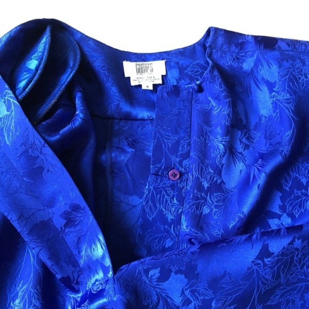 Gumps Silk Dress Vintage 80s Blue Floral Shirtdress - Picture 11 of 15